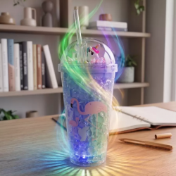 Mey İthalat® Işıklı Unicorn ve Flamingo Desenli Çift Katmanlı Jel Buzlu Pipetli Bardak - 450ml - Renk Değiştiren LED Tabanlı