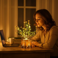 Mey İthalat® Işıklı Yapay Çiçek – Siyah Saksılı LED Dekoratif Bitki, Masaüstü ve Ev Ofis Aydınlatmalı Süs Bitkisi