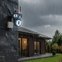 Mey İthalat®  Kablolu Akıllı Güvenlik Kamerası – 4 Kameralı Çok Lensli, 360° PTZ Hareketli, Çift Antenli, Gece Görüşlü, Dış Mekan IP Kamera