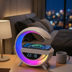 Mey İthalat® Kablosuz Şarjlı LED Işıklı Masa Saati Bluetooth Hoparlör Alarm Fonksiyonlu