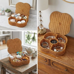 Mey İthalat®  Kapaklı 5 Bölmeli Plastik Rattan Organizer Kutu – Hasır Desenli Çok Amaçlı Saklama ve Sunum Sepeti Çerezlik