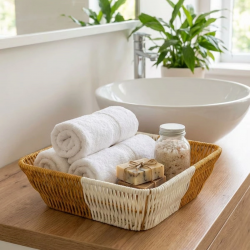 Mey İthalat®  Kare Çift Renkli Plastik Rattan Ekmek ve Meyve Sepeti - Çok Amaçlı Banyo ve Mutfak Düzenleyici - Yıkanabilir Tezgâh Üstü Organizer