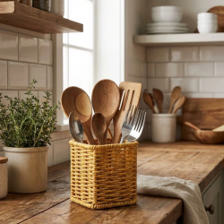 Mey İthalat®  Kare Hasır Dokulu Plastik Rattan Kaşıklık & Çatallık – Askılı Kendiliğinden Tutmalı Çok Amaçlı Mutfak Organizeri