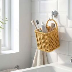 Mey İthalat®  Kare Hasır Dokulu Plastik Rattan Kaşıklık & Çatallık – Askılı Kendiliğinden Tutmalı Çok Amaçlı Mutfak Organizeri