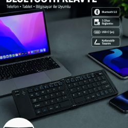 Mey İthalat® Katlanabilir Bluetooth Klavye 3 Cihaz Bağlantılı Kablosuz Taşınabilir Klavye