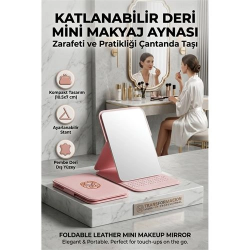 Mey İthalat® Katlanabilir Stantlı Makyaj Aynası | Pembe Deri Çanta Boyu Mini Ayna 723190