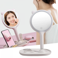 Mey İthalat®  Kedi Kulaklı Telefon Standlı Yuvarlak Dokunmatik Led Ayarlı Masa Üstü Makyaj Aynası