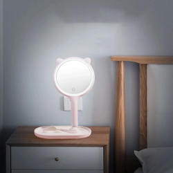 Mey İthalat®  Kedi Kulaklı Telefon Standlı Yuvarlak Dokunmatik Led Ayarlı Masa Üstü Makyaj Aynası