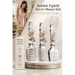 Mey İthalat® Kelebek Figürlü 3’lü Paslanmaz Çelik Servis Maşası Seti - Salata, Pasta ve Izgara Maşası 722696
