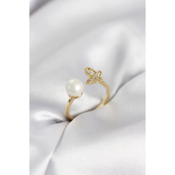 Mey İthalat® Kelebek İncili Model Gold Renk Zirkon Taşlı Kadın Yüzük