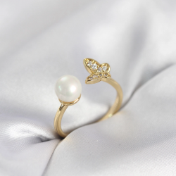 Mey İthalat® Kelebek İncili Model Gold Renk Zirkon Taşlı Kadın Yüzük