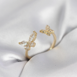 Mey İthalat® Kelebek Model Zirkon Taşlı Gold Renk Kadın Yüzük