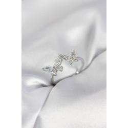 Mey İthalat® Kelebek Model Zirkon Taşlı Gümüş Renk Kadın Yüzük