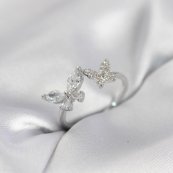 Mey İthalat® Kelebek Model Zirkon Taşlı Gümüş Renk Kadın Yüzük