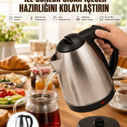 Mey İthalat® Kettle Su Isıtıcı C F Priz Uyumlu 220 - 240 V Paslanmaz Çelik Kablolu