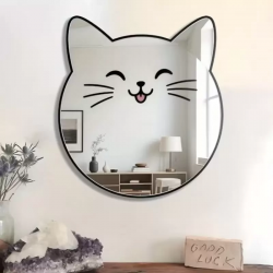 Mey İthalat® Kırılmaz Pleksi Gülen Kedi Duvar Aynası - 35x35 cm Çocuk ve Bebek Odası Dekoratif Ayna