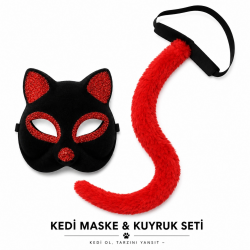 Mey İthalat® Kırmızı Kedi Maske ve Kuyruk Seti Parti Kostüm Aksesuarı