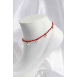 Mey İthalat® Kırmızı Renk Boncuklu Papatya Motifli Halhal