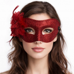 Mey İthalat® Kırmızı Simli Tüylü Balo Maskesi – Kadın Parti & Maskeli Balo Maskesi