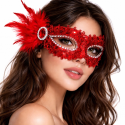 Mey İthalat® Kırmızı Taşlı Venedik Parti Maskesi – Tüylü Payetli
