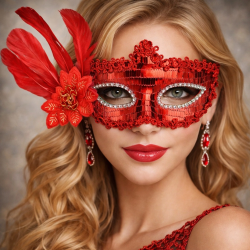 Mey İthalat® Kırmızı Tüylü Payetli Lüks Taşlı Parti Maskesi
