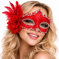 Mey İthalat® Kırmızı Tüylü Venedik Lüks Balo Maskesi