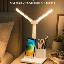Mey İthalat® Kısılabilir LED Masa Lambası – Kalemlik, Telefon Standı ve Okuma Işığı Bir Arada Yeni Nesil