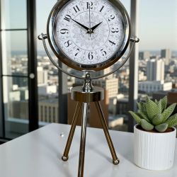 Mey İthalat® Krom Motif Tasarım Üç Ayaklı Metal Masa Saati