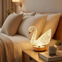 Mey İthalat®  Kuğu Model Kristal LED Masa ası – Dokunmatik, 3 Renk Işık Modlu, Şarjlı Mini Dekoratif Gece ası