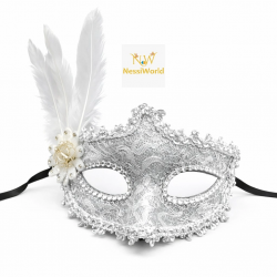 Mey İthalat® Lüks Beyaz Tüylü Venedik Maskesi – Taşlı Dantel Tasarım