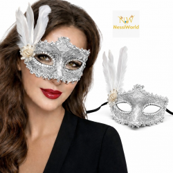 Mey İthalat® Lüks Beyaz Tüylü Venedik Maskesi – Taşlı Dantel Tasarım