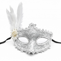 Mey İthalat® Lüks Beyaz Tüylü Venedik Maskesi – Taşlı Dantel Tasarım