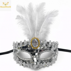 Mey İthalat® Lüks Gümüş Tüylü Taşlı Balo Maskesi