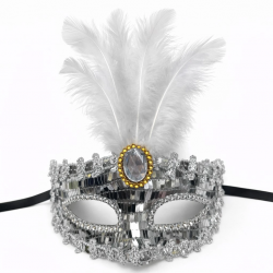 Mey İthalat® Lüks Gümüş Tüylü Taşlı Balo Maskesi