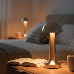 Mey İthalat® Mantar Masa Lambası Dokunmatik 3 Renk Işık Şarjlı Kablosuz Modern Krom Tasarım