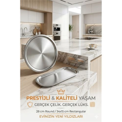 Mey İthalat® Masterpiece Çelik Tepsi Seti – Yuvarlak 28 cm & Dikdörtgen 34x15 cm 722992