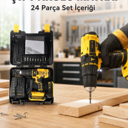 Mey İthalat® Matkap Seti 24 Parça Çift Bataryalı Darbeli Led Işıklı Vidalama Yeni Nesil