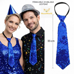 Mey İthalat® Mavi Pul Payetli Işıltılı Parti Kravatı 33 cm