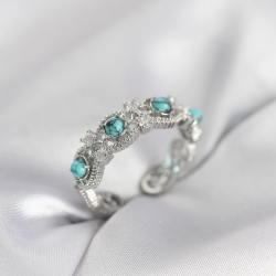 Mey İthalat® Mavi Taşlı Gümüş Renk Vintage Kadın Yüzük