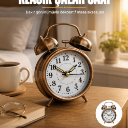 Mey İthalat® Metal Bronz Nostaljik Masa Saati Alarmlı Büyük Boy Sessiz Mekanizmalı