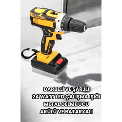 Mey İthalat® Metal Dişli 24W Akülü Matkap -Çift Bataryalı ve LED Çalışma Işığı ile Tam Set
