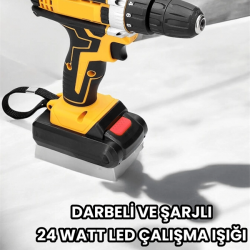 Mey İthalat® Metal Dişli 24W Akülü Matkap -Çift Bataryalı ve LED Çalışma Işığı ile Tam Set