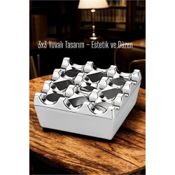 Mey İthalat® Metal Döküm Küllük – 3x3 Yuvalı, Krom , Modern ve Ağırlıklı Tasarım 7722218