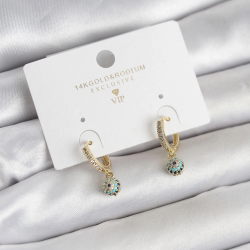 Mey İthalat® Minimal Nazarlı Model Gold Renk Zirkon Taşlı Kadın Küpe