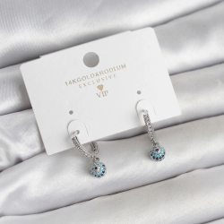 Mey İthalat® Minimal Nazarlı Model Gümüş Renk Zirkon Taşlı Kadın Küpe