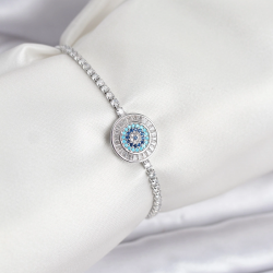 Mey İthalat® Nazar Model Zirkon Taşlı Gümüş Renk Asansörlü Su Yolu Bileklik