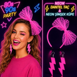 Mey İthalat® Neon Pembe Dantel Taç ve Şimşek Küpe 80'ler 90'lar Parti Seti