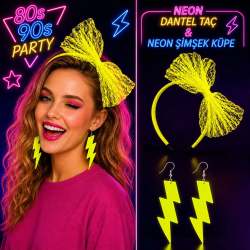 Mey İthalat® Neon Sarı Dantel Taç ve Şimşek Küpe 80'ler 90'lar Parti Seti