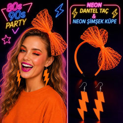 Mey İthalat® Neon Turuncu Dantel Taç ve Şimşek Küpe 80'ler 90'lar Parti Seti