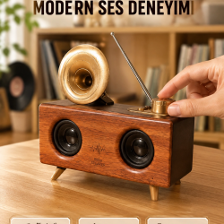 Mey İthalat® Nostaljik Gramofon Bluetooth Hoparlör – FM Radyo + USB + SD Kart Destekli